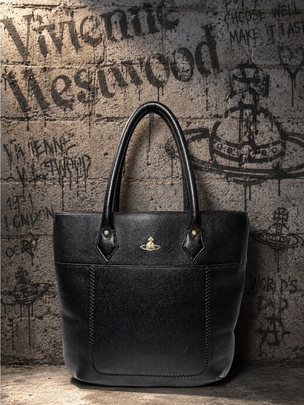 Vivienne Westwood Black Pebbled Leather Orb Tote Bag